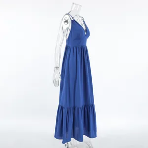 Elegant blue V-neck spaghetti strap maxi dress with ruffled hem and relaxed A-line fit