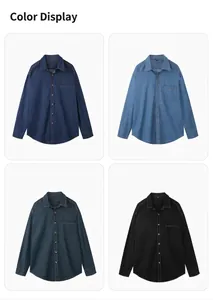Long-sleeved cotton denim shirts in four colors: navy, light blue, teal, and black.
