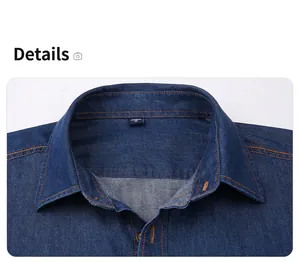 Detailed close-up showing the collar and orange stitching on a blue cotton denim shirt.