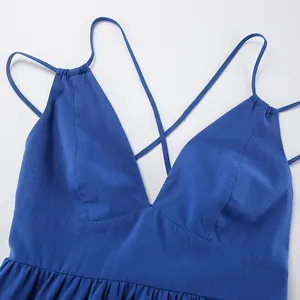 Detail of blue V-neck spaghetti strap dress bodice with cross back straps