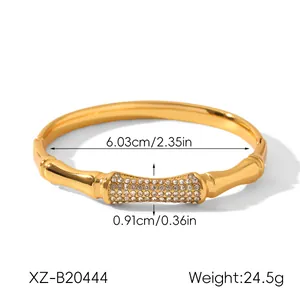 Detail of gold-plated bamboo knot bracelet with pavé rhinestones and dimensions