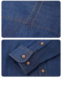 Close-up detail of cotton denim shirt showing premium stitching and button cuff quality.