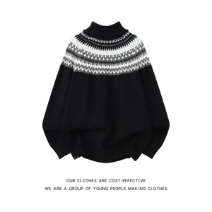 Classic Fair Isle patterned knit sweater in black with a cozy mock neck detail design