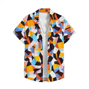 Colorful geometric 3D digital print Hawaiian loose short-sleeve shirt for men, summer style.