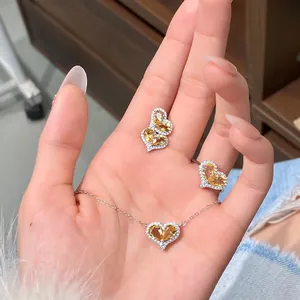 S925 sterling silver heart-shaped yellow crystal jewelry set with necklace and earrings