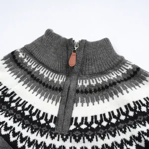 Close-up of retro Fair Isle jacquard knit sweater with half-zip mock neck detail