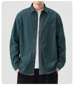 Front view detail of a men's dark teal pure cotton Japanese style denim shirt