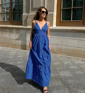Elegant blue V-neck maxi dress with spaghetti straps in breathable cotton linen fabric