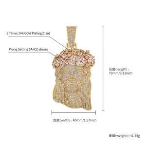 Large hip hop iced out Jesus piece pendant for men, 14K gold plated with CZ stones