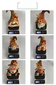 Detail view showing weights of different Thanksgiving scarecrow and gnome dolls