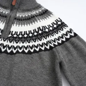 Detailed view of the Fair Isle jacquard pattern on a grey half-zip knitted sweater