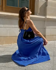 Sexy blue V-neck spaghetti strap maxi dress for women, loose casual cotton linen sundress