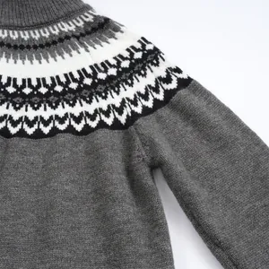 Detailed close-up showing the intricate Fair Isle jacquard pattern on a grey knit sweater