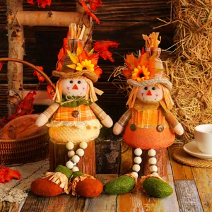 Thanksgiving Scarecrow Gnome Doll Harvest Autumn Maple Leaf Sunflower Hat Cloth Plastic Figurine Ornament Home Decor