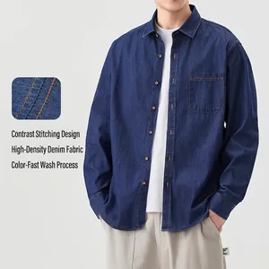 Men's Japanese style cotton denim shirt with contrast stitching details