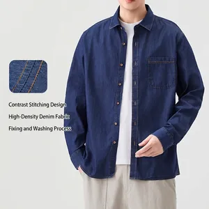 Men's Japanese style cotton denim shirt with contrast stitching and pocket