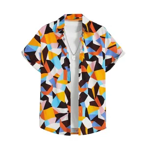 Men's colorful geometric 3D digital print Hawaiian loose short sleeve button down shirt