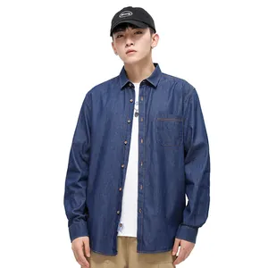Classic Japanese style long sleeve denim shirt for men in deep blue cotton