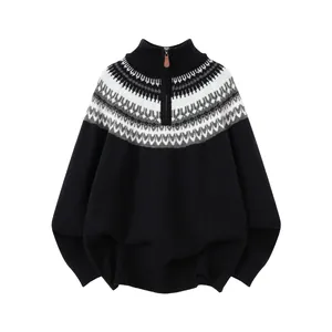 Vintage Fair Isle Jacquard Mock Neck Half Zip Sweater Patchwork Ethnic Knitted Pullover Warm Polyester Winter Long Sleeve Top