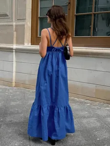 Elegant blue tiered spaghetti strap maxi dress with cross back design for summer wear