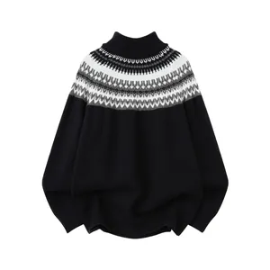 Vintage Fair Isle jacquard knit sweater with warm half-high neck for winter wear