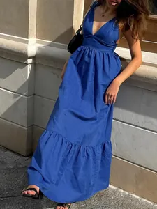 Sexy royal blue V-neck spaghetti strap cotton linen maxi dress for casual summer wear