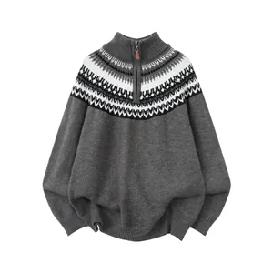 Vintage gray Fair Isle knit sweater with retro jacquard pattern and quarter zip