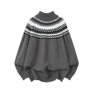 Retro Fair Isle ethnic jacquard knit sweater with mock neck in grey and white color