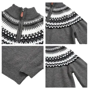 Vintage Fair Isle patterned sweater with half-zip collar and jacquard knit details