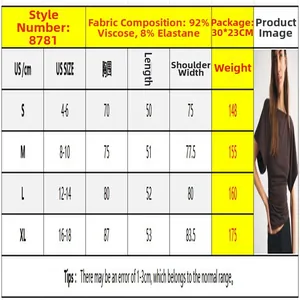 Women's batwing sleeve cropped T-shirt size chart with fabric details and measurements