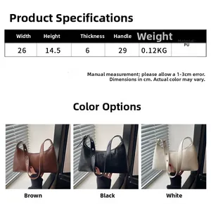 Women's PU underarm bag with dimensions and color options in brown, black, and white