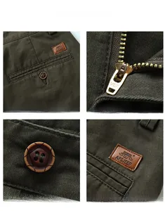 Dettagli della cerniera, del bottone e della toppa in pelle di questi pantaloni da uomo.