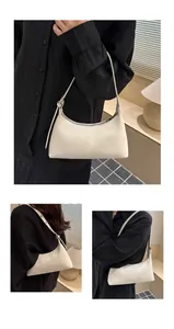 Multiple views of a minimalist cream-colored underarm bag shown in a chic indoor setting