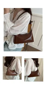 Detailed views of a brown faux leather underarm shoulder bag from multiple angles