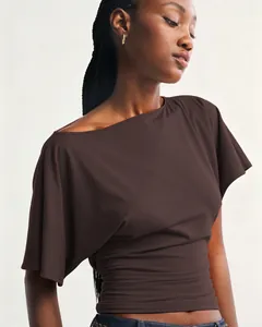 Elegant dark brown batwing sleeve t-shirt for women with stylish ruched waist detail