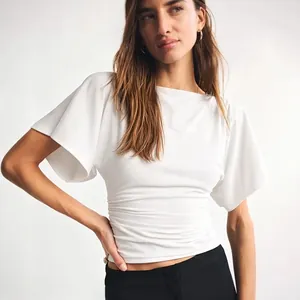 Women Batwing Sleeve Ruched Crop Top T-Shirt Modal Viscose Casual Short Sleeve Slim Fit Round Neck Summer Top