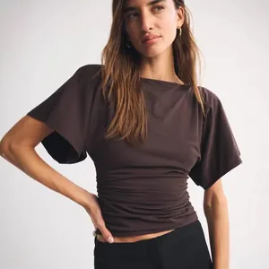 Fashionable brown batwing sleeve short top with stylish ruched waist design for women