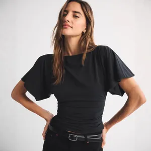 Chic black batwing sleeve crop top with elegant ruched waist detailing for women