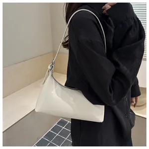 Minimalist glossy cream white underarm baguette bag for women summer fashion accessory