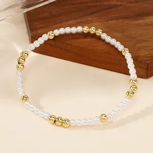 Elegant faux pearl stretch bracelet with minimalist gold beads for women's daily wear
