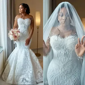 Elegant Heavy Lace Mermaid Wedding Dress With Artificial Pearl Embellishment Sheer Sleeves Formal Evening Party Gown Women