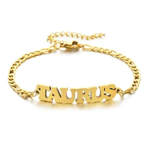 Detailed view of gold Taurus zodiac pendant on a Figaro chain anklet