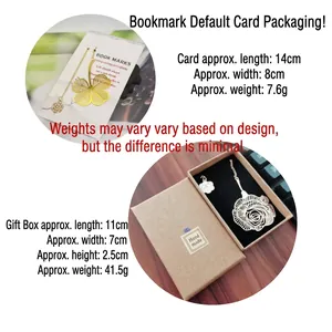 Close-up of decorative brass leaf bookmark with card and gift box packaging dimensions