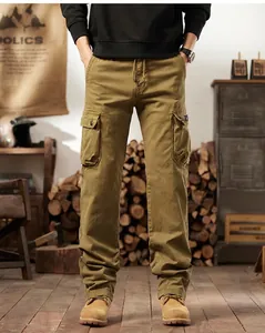 Men's khaki pure cotton outdoor cargo pants with functional multi-pockets detail view