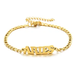 Detail view of 18K gold Aries zodiac pendant on a stainless steel Figaro anklet chain.