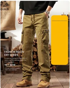 Detailed view of outdoor khaki cotton cargo pants featuring functional side pockets