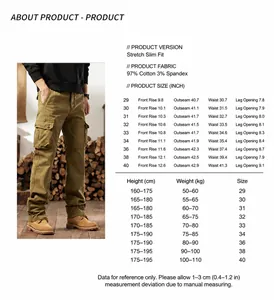 Size chart and measurement guide for men's pure cotton multi-pocket cargo pants