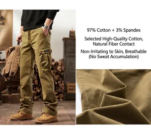 Close-up of men's durable cotton cargo pants with multi-pockets for hiking