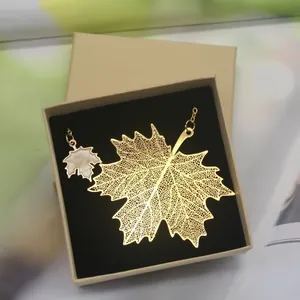 Close-up detail of an intricate golden brass leaf vein bookmark inside a square gift box