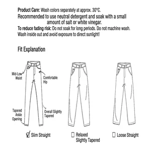 Line drawing diagram showing different fits and care instructions for men's tactical pants.